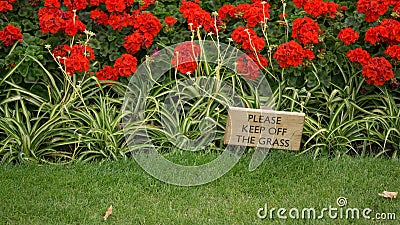 A wooden sign advising to Please keep off the grass, with green grass in the foreground and a flower bed with red flowers in the b Stock Photo